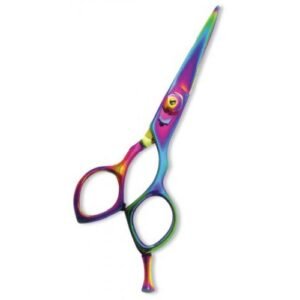 Rainbow titanium-coated professional hairdressing scissors with ergonomic design and sharp stainless steel blades.