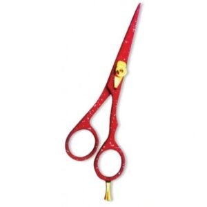 Professional red hair cutting scissor with stainless steel blades and ergonomic handle for precise trimming.