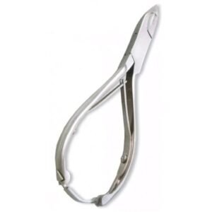 Stainless steel cuticle nipper with sharp precision blades and an ergonomic handle for nail care.