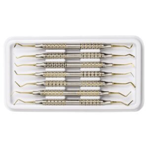 "Professional Dental Scaler Set with Stainless Steel Handles and Gold-Tipped Double-Ended Instruments for Plaque and Tartar Removal"