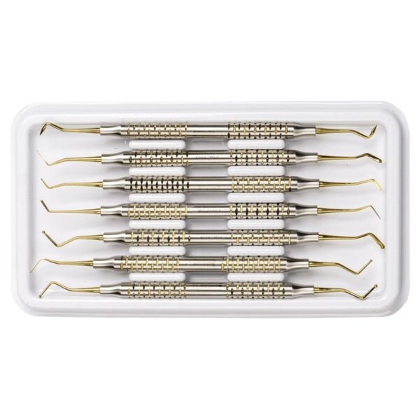 "Professional Dental Scaler Set with Stainless Steel Handles and Gold-Tipped Double-Ended Instruments for Plaque and Tartar Removal"