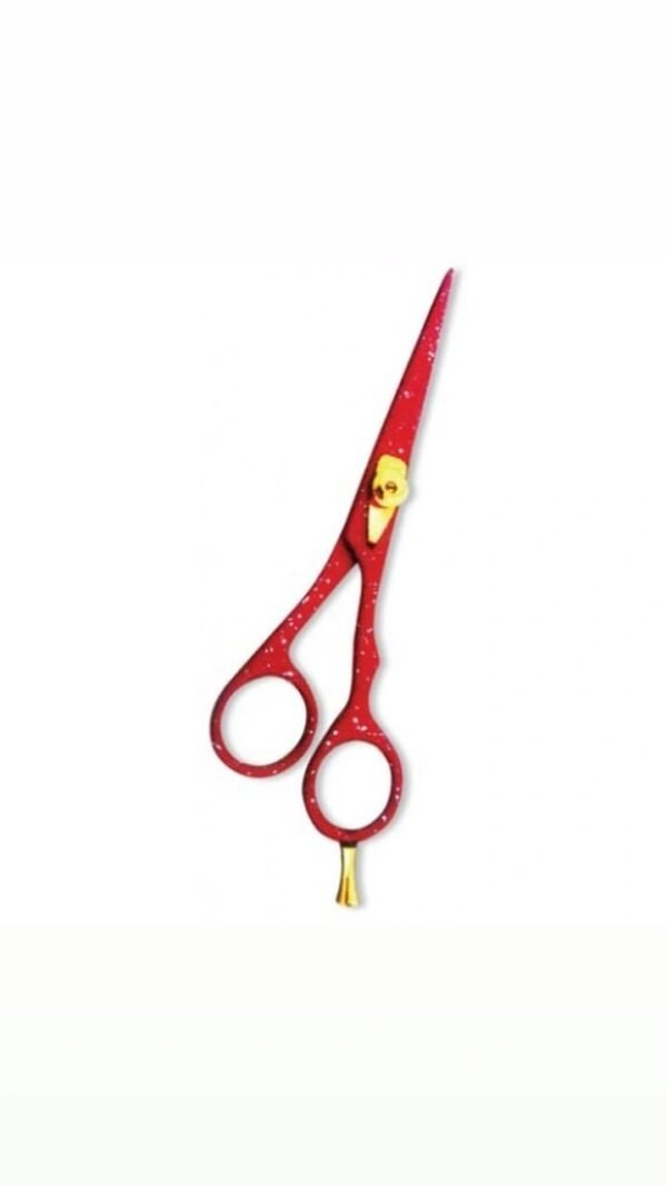 Professional red hair cutting scissor with stainless steel blades and ergonomic handle for precise trimming.