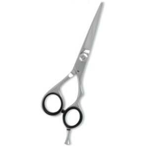 Professional silver barber scissors with stainless steel blades and an ergonomic handle for precision hair cutting.