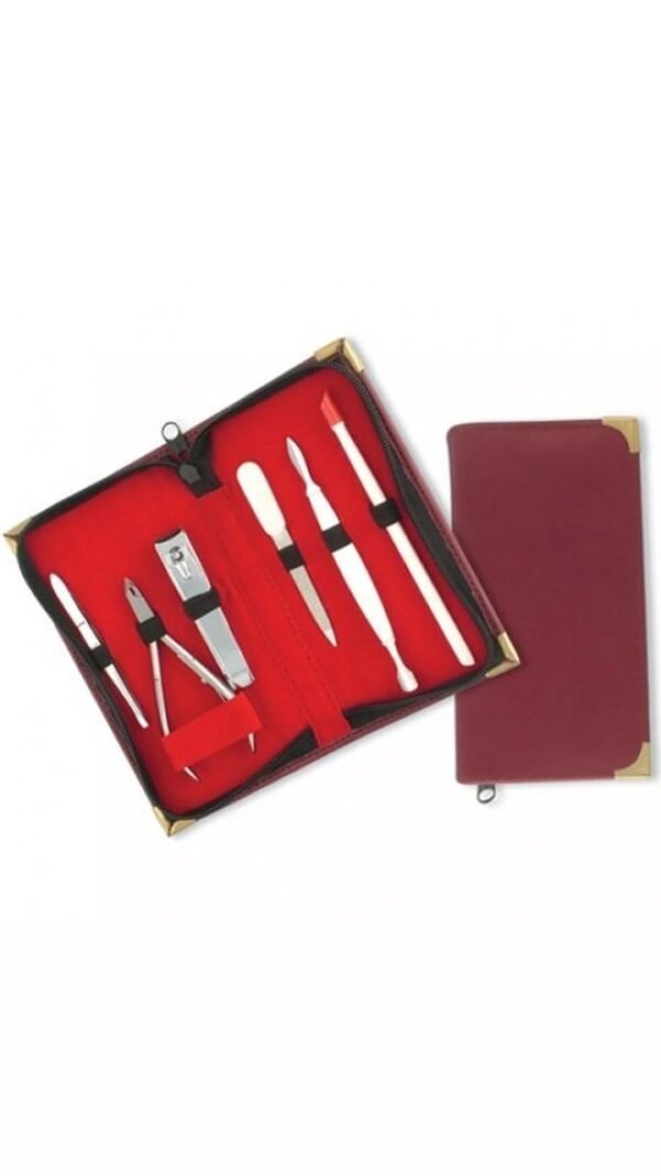 Premium manicure and pedicure grooming kit with stainless steel tools in a red leather case with gold corner accents.