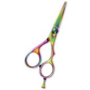 Professional rainbow-colored hairdressing scissors with ergonomic design and sharp stainless steel blades.