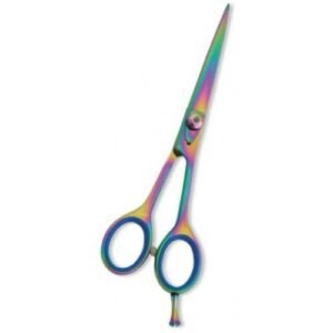 High-quality Rainbow Hairdressing Scissors with a stunning multi-colored finish, designed for precision cutting and professional styling.