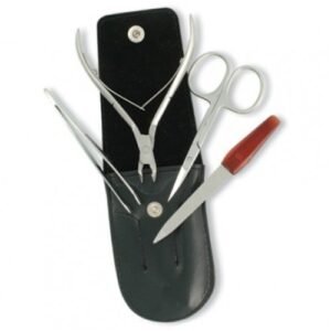 Professional Nail Care Kit with stainless steel grooming tools in a black leather pouch, including clippers, scissors, tweezers, and a nail file.