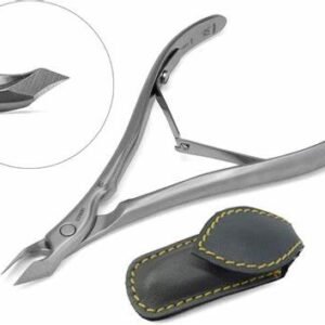 Professional stainless steel cuticle nipper with a sharp precision blade and ergonomic grip, accompanied by a black leather protective pouch.