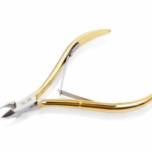 Gold-plated stainless steel cuticle nipper with sharp precision blades for professional nail care and manicures.