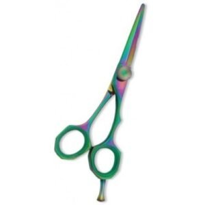 Professional rainbow stainless steel hair cutting scissors with an ergonomic design for barbers and hairstylists.