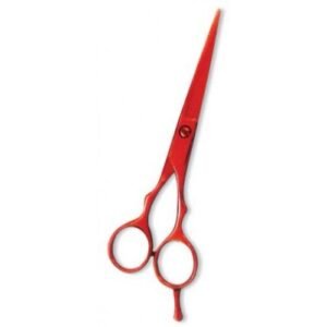 Professional red stainless steel hair cutting scissors with an ergonomic design for barbers and hairstylists.