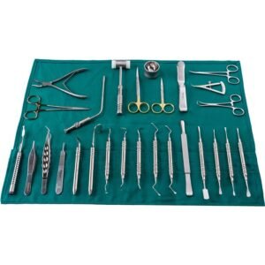 Professional dental surgical kit with stainless steel instruments for extractions, periodontal procedures, and oral surgery, neatly arranged on a green surgical roll case.