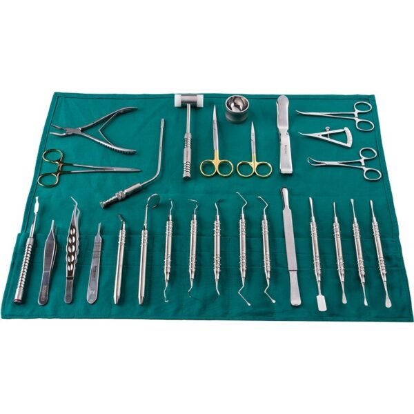 Professional dental surgical kit with stainless steel instruments for extractions, periodontal procedures, and oral surgery, neatly arranged on a green surgical roll case.