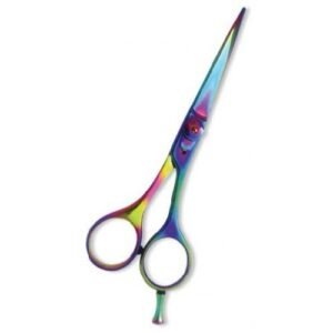 Professional multi-color stainless steel hair cutting scissors with an ergonomic design for barbers and hairstylists.