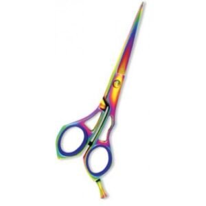 Rainbow-colored professional hair cutting scissors with a sleek design and sharp blades.