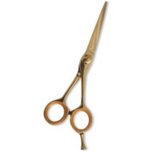 Professional golden hair cutting scissors with a sleek design and sharp stainless steel blades.