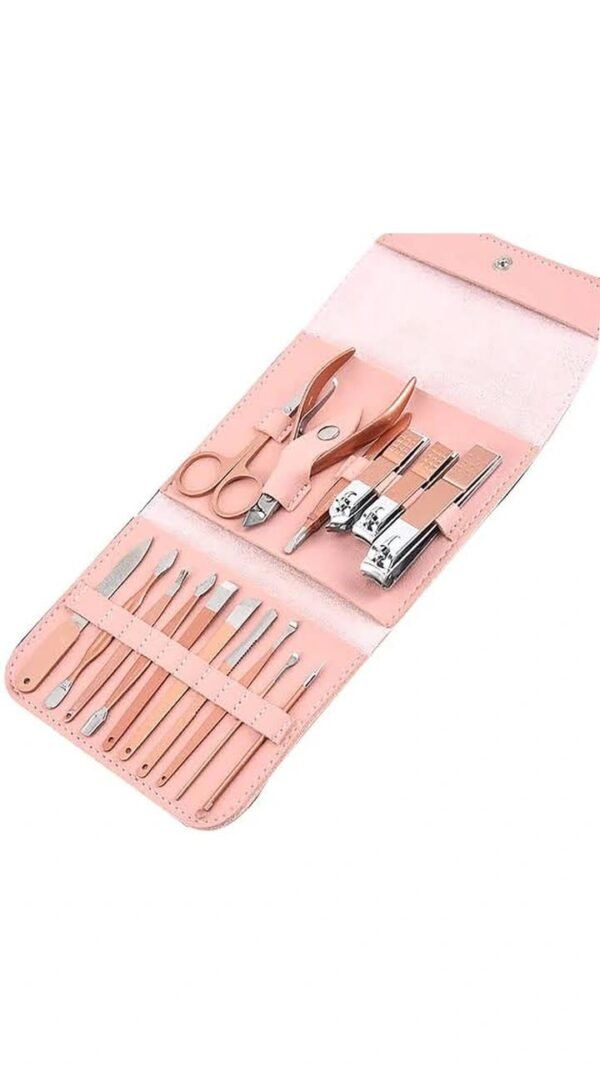 RoséGlow Mani-Pedi Kit – A premium manicure and pedicure set with high-quality stainless steel tools in an elegant pink case.