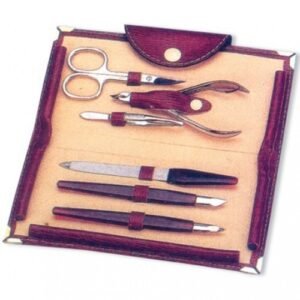 PrecisionCare Grooming Set – A premium personal care kit with stainless steel tools for nail and facial grooming, stored in a leather case.