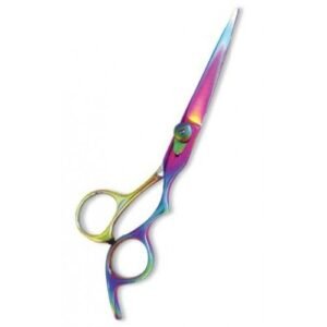 Professional iridescent barber scissors with an ergonomic offset handle and razor-sharp stainless steel blades for precision cutting.