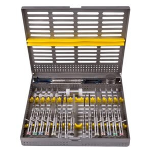 Dental Implant Surgical Kit with precision stainless steel tools arranged in a perforated metal sterilization case.