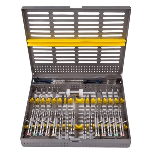 Dental Implant Surgical Kit with precision stainless steel tools arranged in a perforated metal sterilization case.