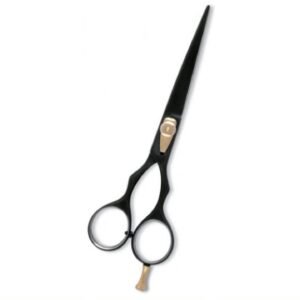 Professional black hair cutting scissor with ergonomic design and sharp stainless steel blades.