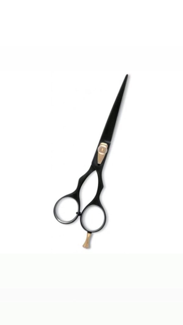 Professional black hair cutting scissor with ergonomic design and sharp stainless steel blades.