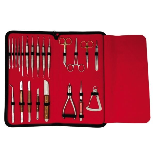 Professional Dental Laboratory Kit with Stainless Steel Instruments in a Red Carrying Case for Prosthodontics, Orthodontics, and General Dental Lab Work.